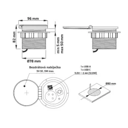 Interiérová zásuvka do stola LUPO FRENCH 1x230V + USB A/C - Čierna