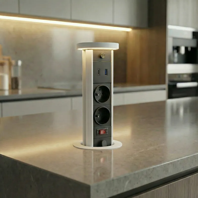 Výsuvná zásuvka LEGIA FRENCH 2x230V + USB A-C + svetlo  / Biela matná