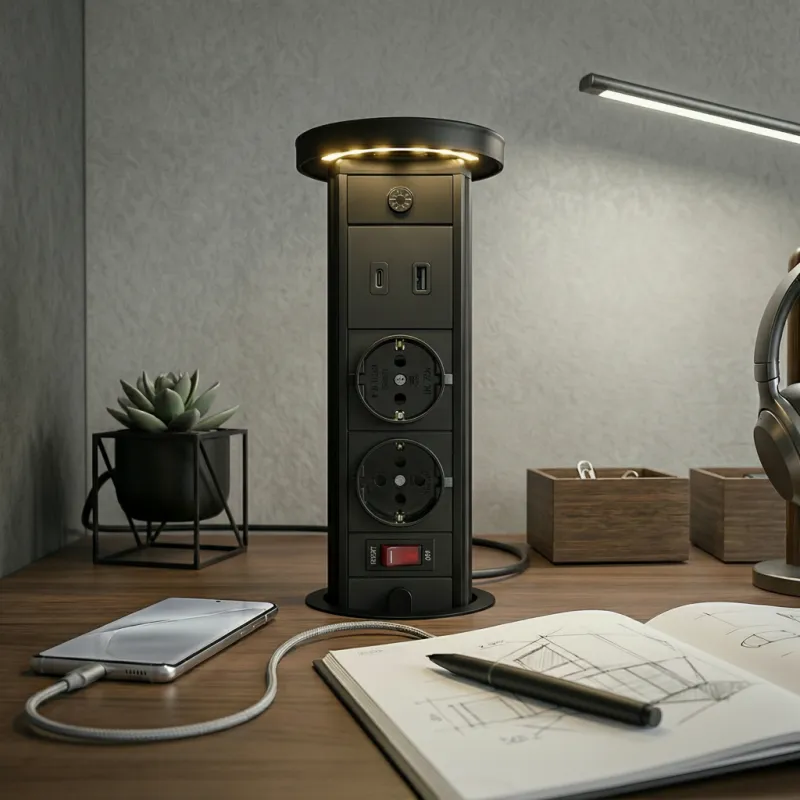 Výsuvná zásuvka LEGIA SCHUKO 2x230V + USB A-C + svetlo  / Čierna matná