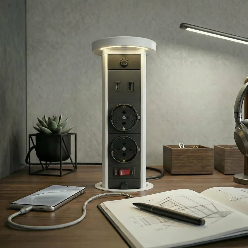 Výsuvná zásuvka LEGIA SCHUKO 2x230V + USB A-C + svetlo  / Biela matná