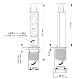 Výsuvná elektrická zásuvka ASTRA FRENCH 3x230V + 2x USB nabíjanie / Čierna