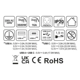 Elektrická zásuvka SLIDE 1x230V + 1xUSB C+A FRENCH / Čierna matná