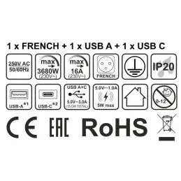 Interiérová zásuvka do stola LUPO FRENCH 1x230V + USB A/C - Čierna