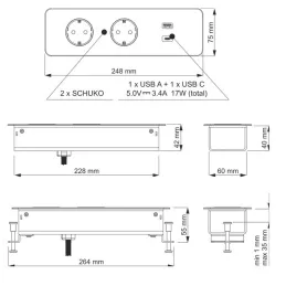 Elektrická zásuvková lišta EUROBOX 2x230V + 1xUSB C+A SCHUKO / Čierna matná