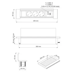 Interiérová zásuvková lišta SLIM BOX SCHUKO 3x 230V + USB / Nerez