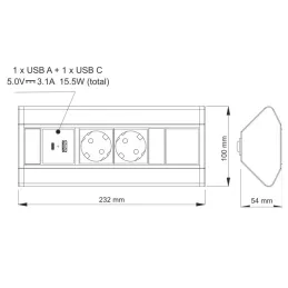 Interiérová zásuvková lišta CORNER SCHUKO 2x 230V + USB A-C / Biela matná
