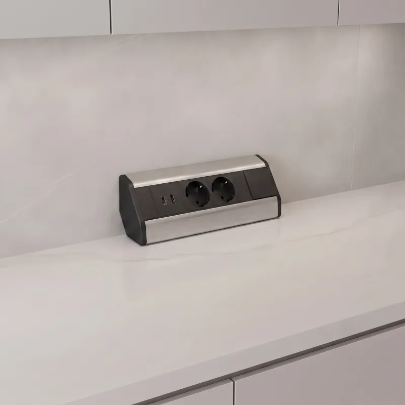 Interiérová zásuvková lišta CORNER SCHUKO 2x 230V + USB A-C / Nerez