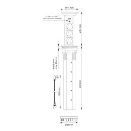 Automatická výsuvná elektrická zásuvka ASTRA SCHUKO 3x230V + 2xUSB A-C / Hliník