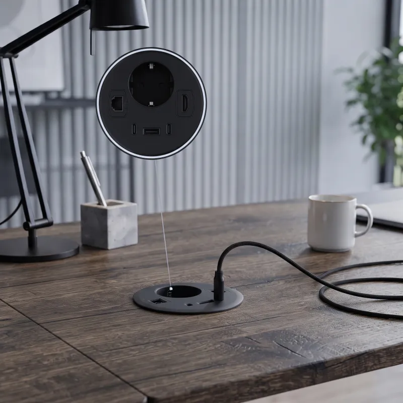 Interiérová zásuvka do stola OFFICE SMART 80 SCHUKO 1x230V + USB A-C + HDMI + Rj45 / Čierna