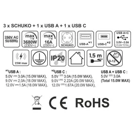 Automatická výsuvná zásuvka AMBIENTE SCHUKO 3x230V + USB A-C so svetlom a nabíjaním / Čierne sklo
