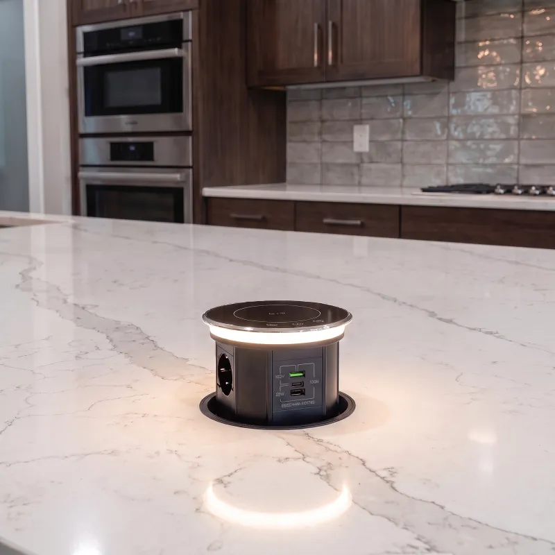 Automatická výsuvná zásuvka AMBIENTE SCHUKO 3x230V + USB A-C so svetlom a nabíjaním / Čierne sklo