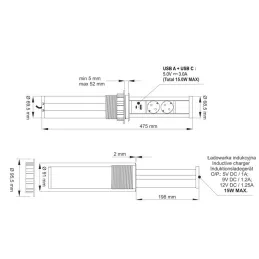 Výsuvná zásuvka AVION SCHUKO 2x230V + USB A-C a indukčným nabíjaním / Čierna matná