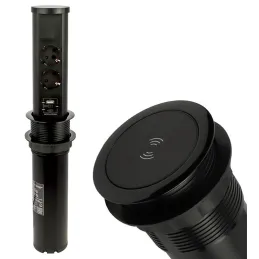 Výsuvná zásuvka AVION SCHUKO 2x230V + USB A-C a indukčným nabíjaním / Čierna matná