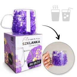 Termo šálka na nápoje s kvetinami FLOWER GLASS 180 ml / Fialová